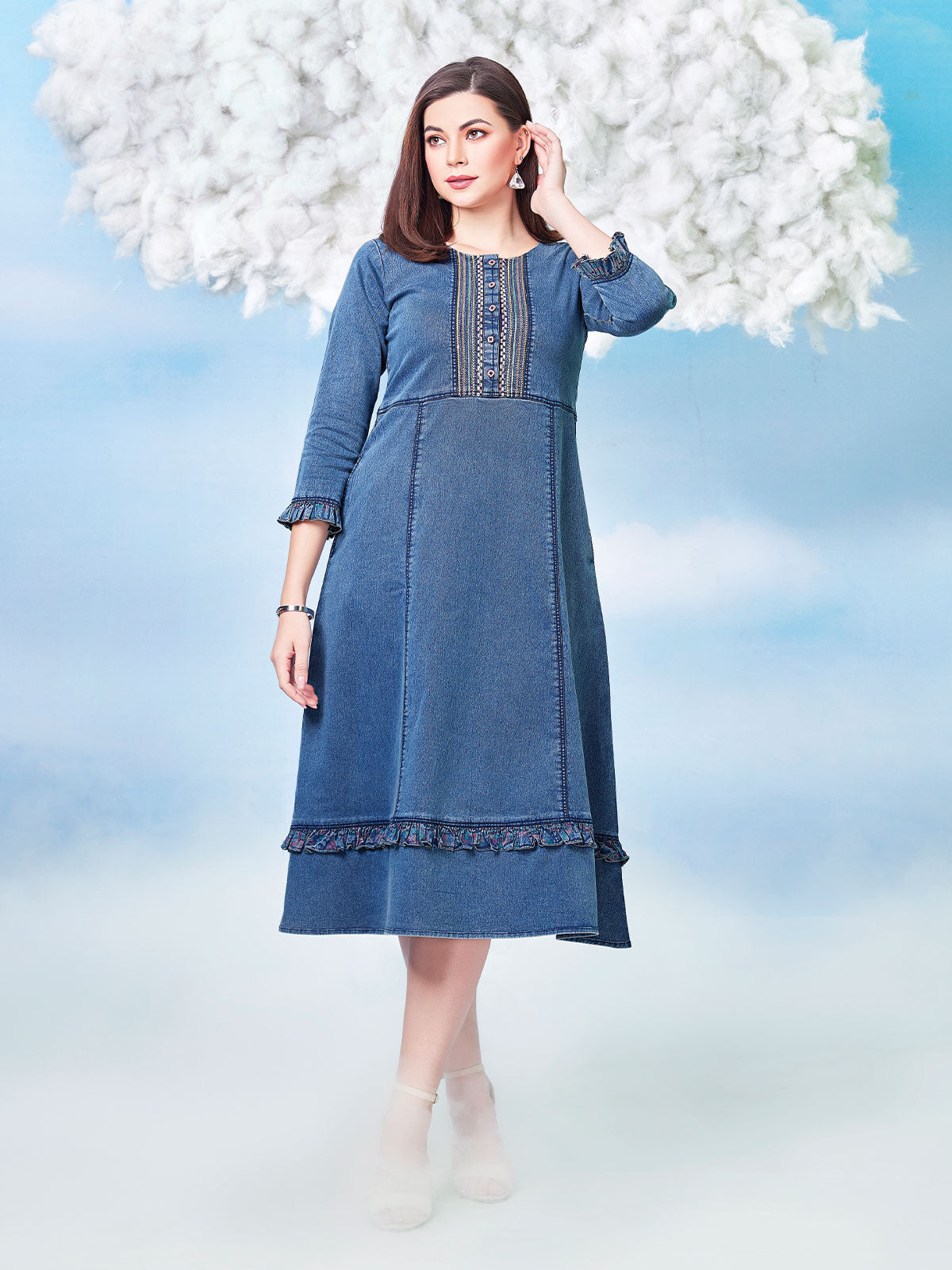 Denim Blue Solid Pure Cotton Denim Shirt Midi Dress - RIGAS